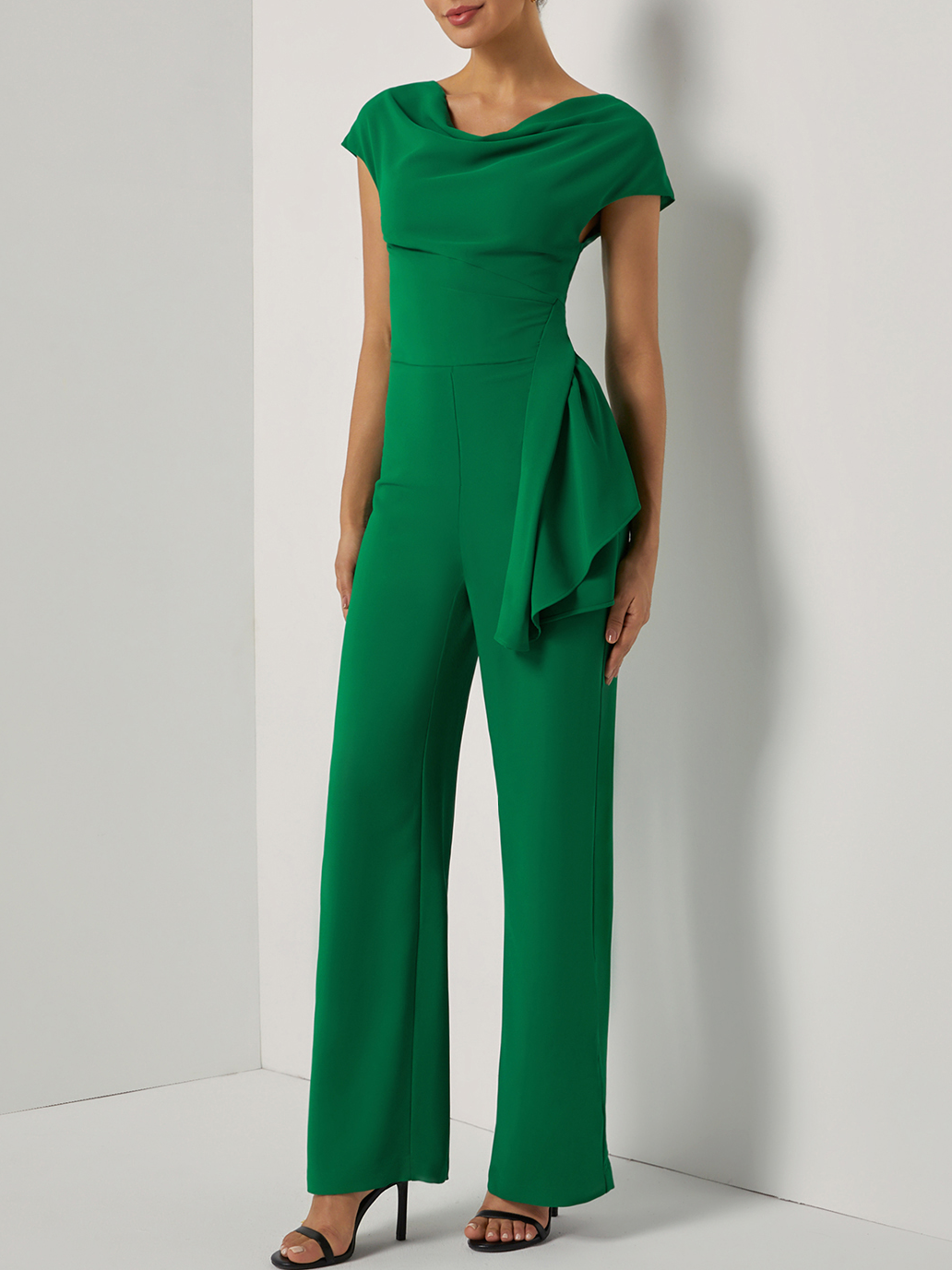 Women Green Ruched Cowl Neck Cap Sleeve Dressy Jumpsuit