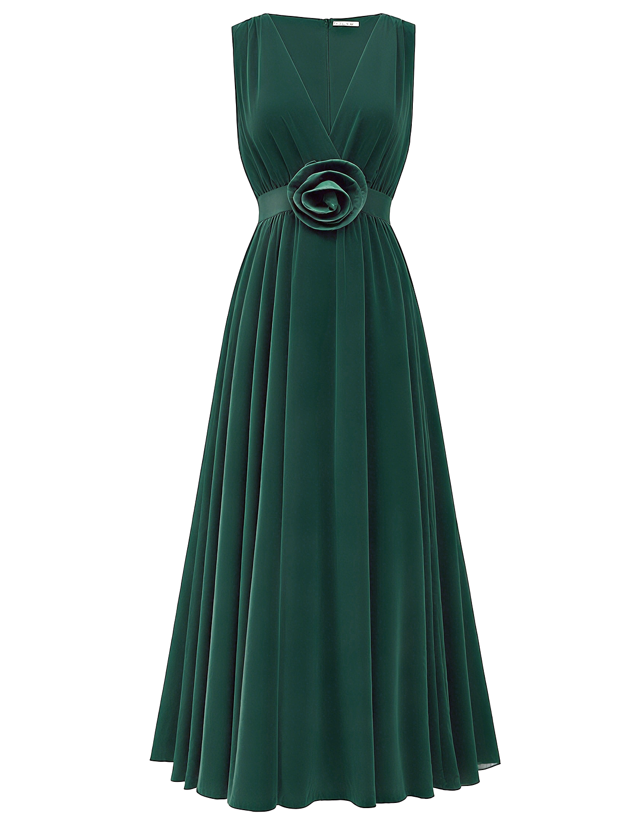 Pink 3D Floral Pleated Chiffon V Neck Sleeveless A-Line Maxi Dress