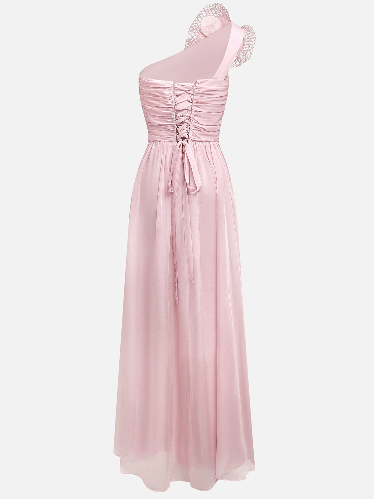 Pink Chiffon 3D Floral Ruched Slit One Shoulder Sleeveless Sheath Gown Dress