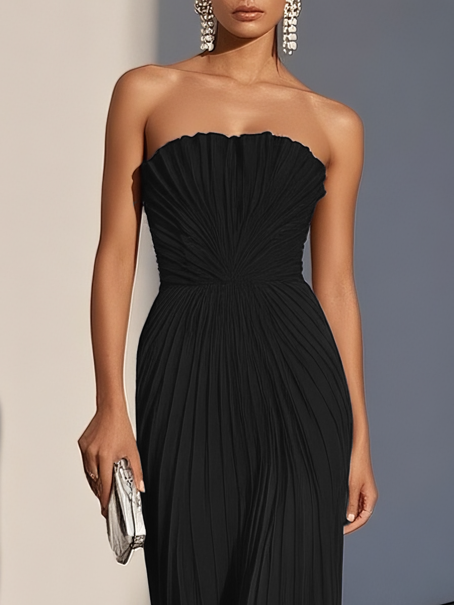 White Pleated Classic Strapless Sleeveless A-Line Maxi Dress
