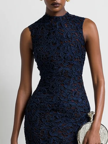 Purplish blue Lace Mock Neck Sleeveless Mermaid Maxi Dress