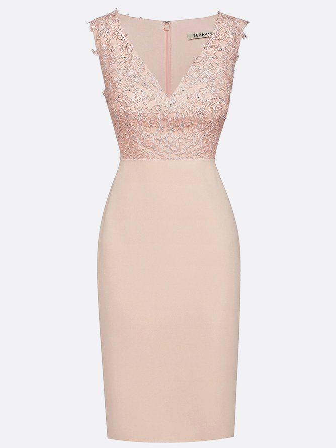 Pink Lace Padded Classic V Neck Sleeveless Sheath Midi Dress