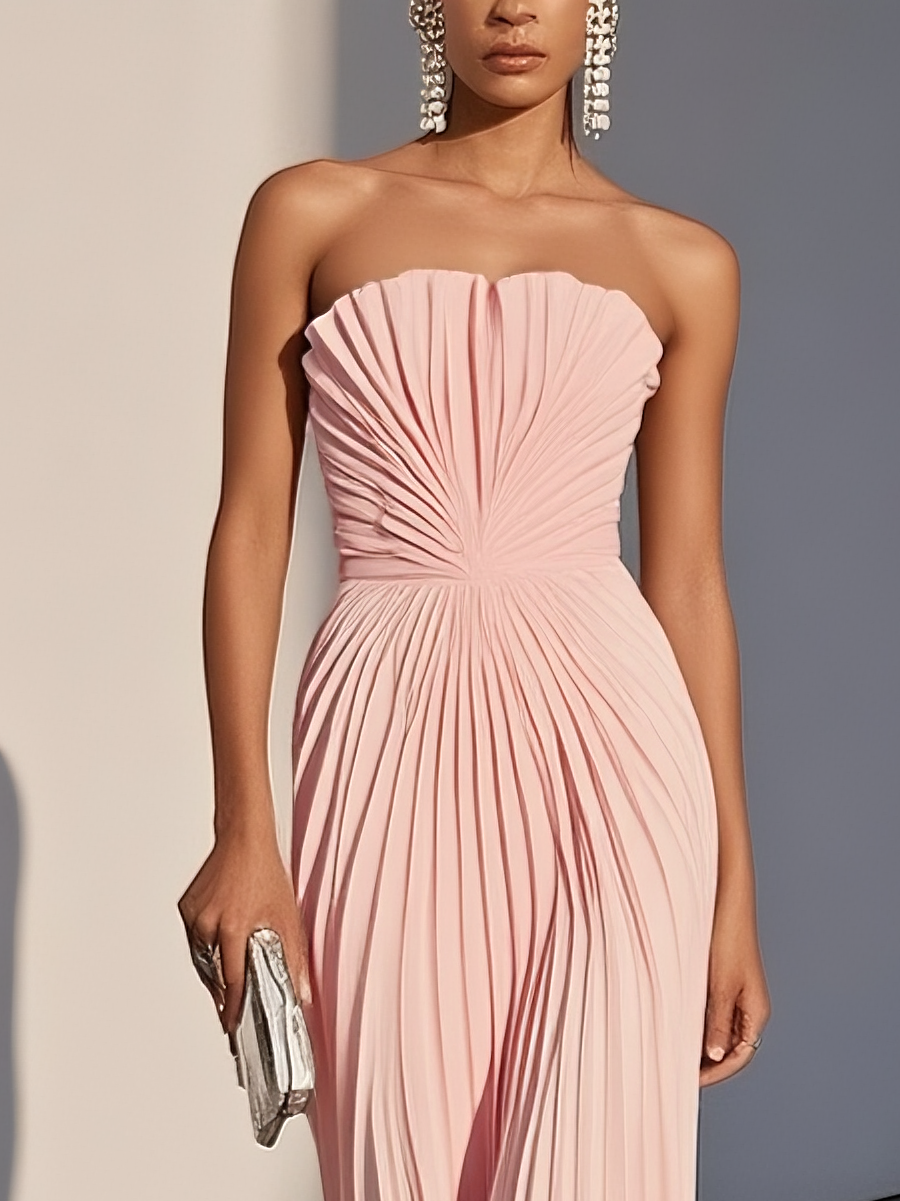 White Pleated Classic Strapless Sleeveless A-Line Maxi Dress