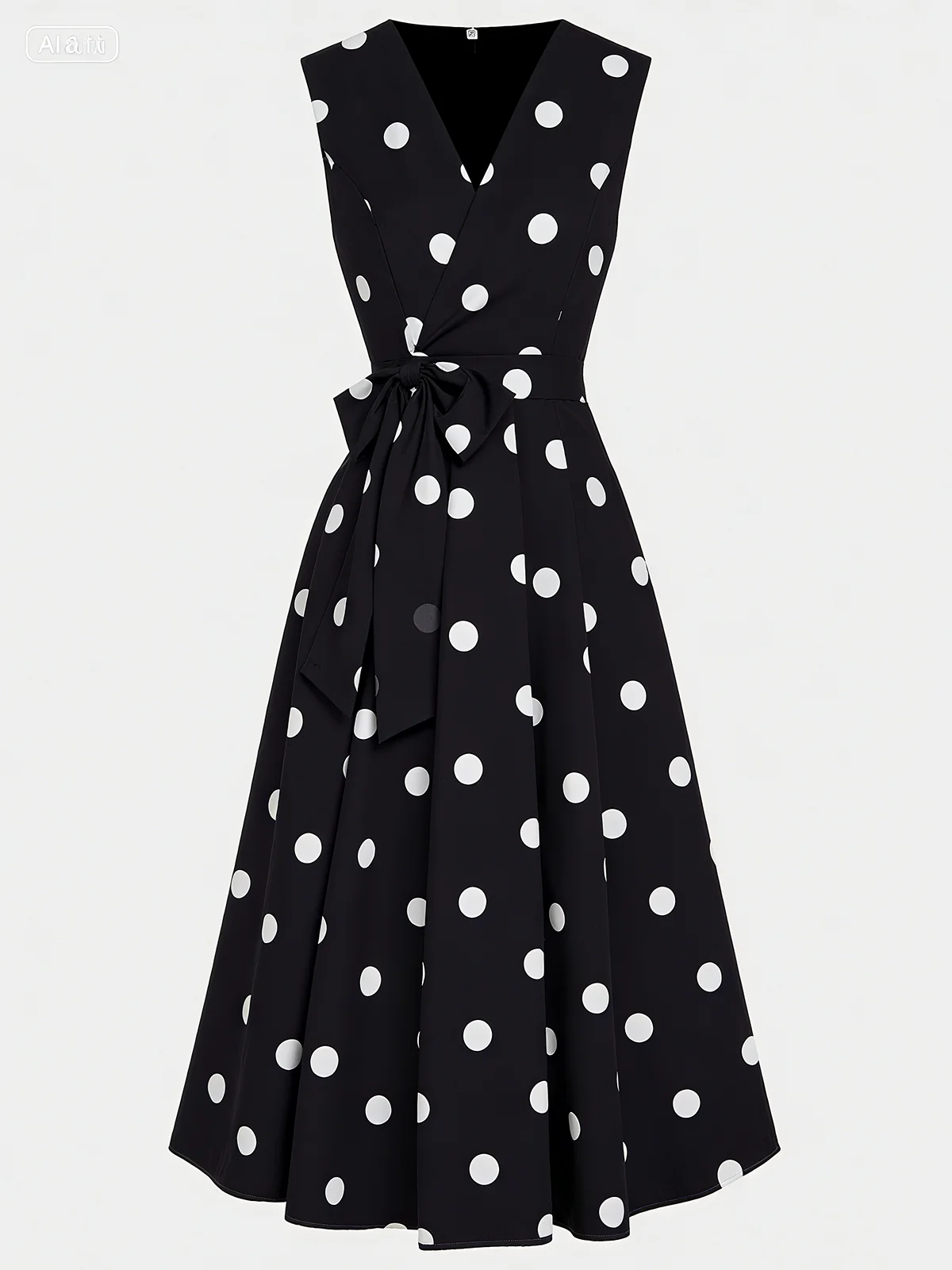 White Polka Dots V Neck Sleeveless A-Line Midi Dress