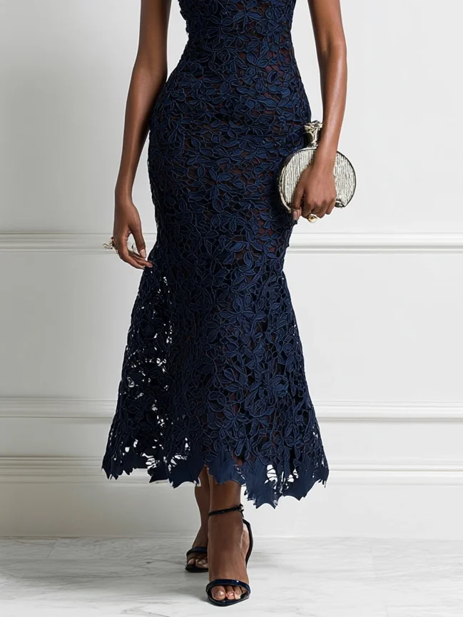Purplish blue Lace Mock Neck Sleeveless Mermaid Maxi Dress