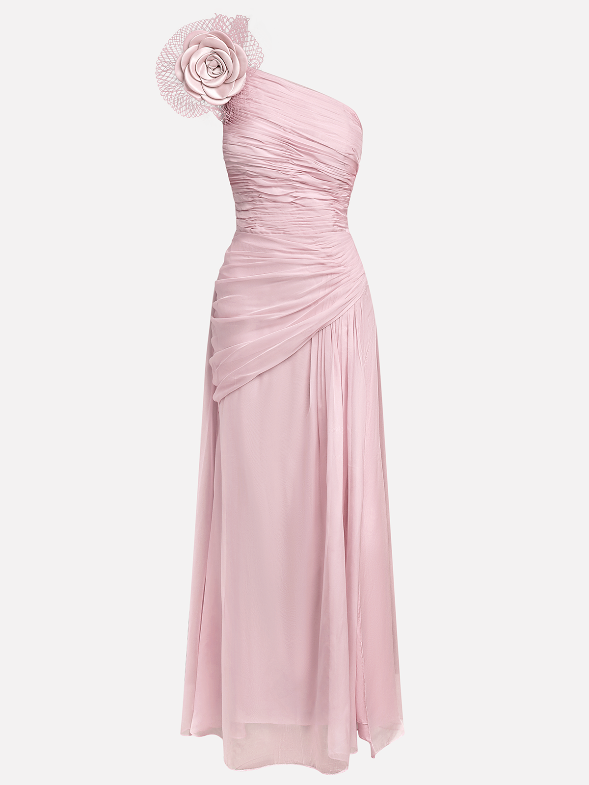 Pink Chiffon 3D Floral Ruched Slit One Shoulder Sleeveless Sheath Gown Dress