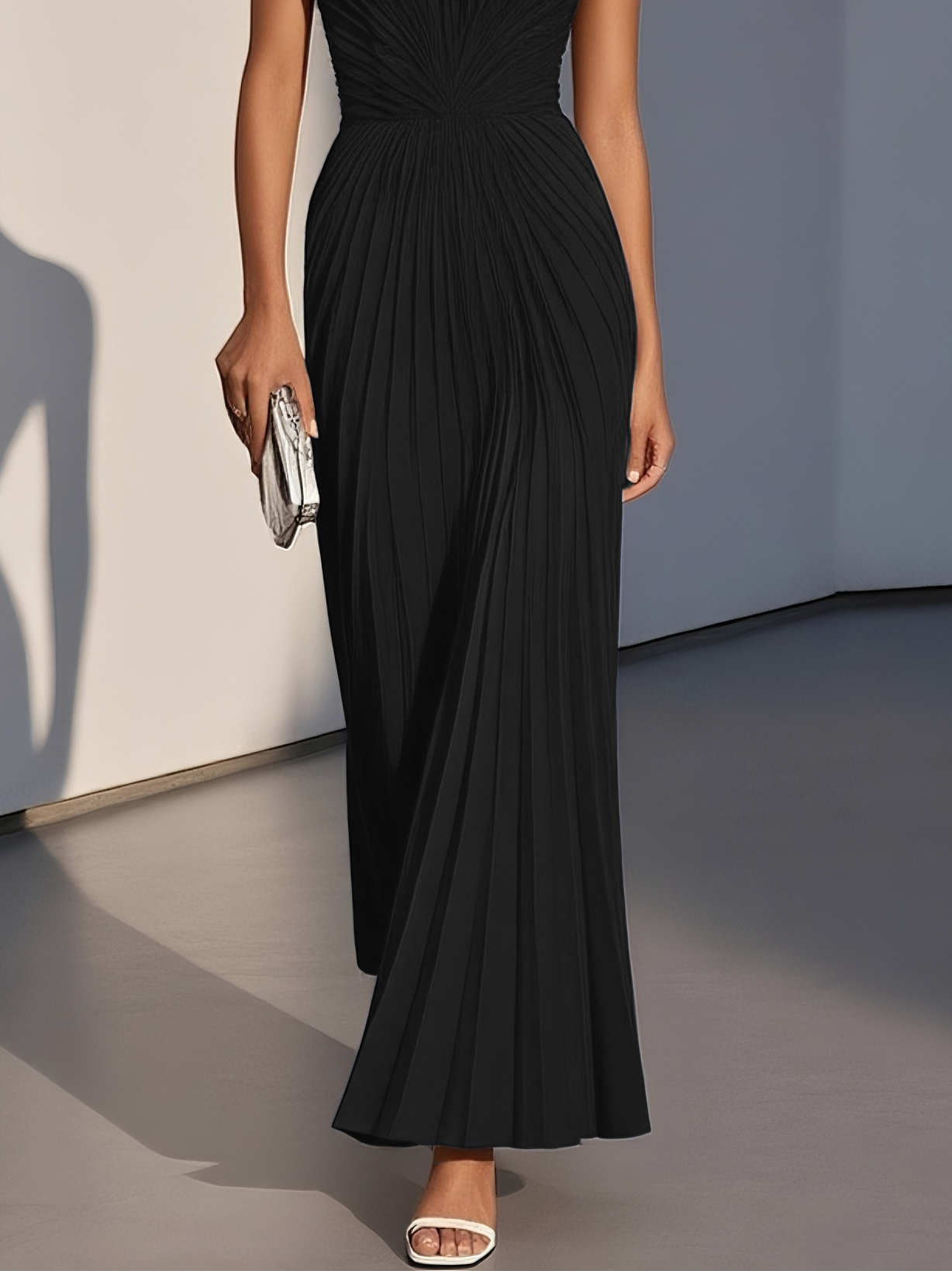 White Pleated Classic Strapless Sleeveless A-Line Maxi Dress