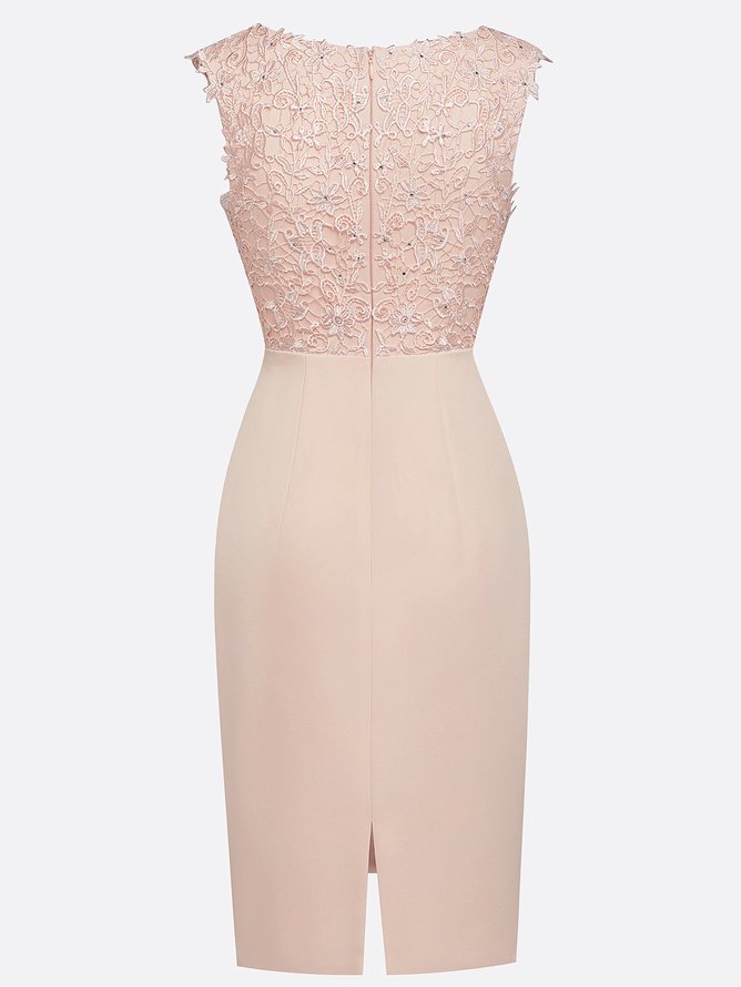 Pink Lace Padded Classic V Neck Sleeveless Sheath Midi Dress