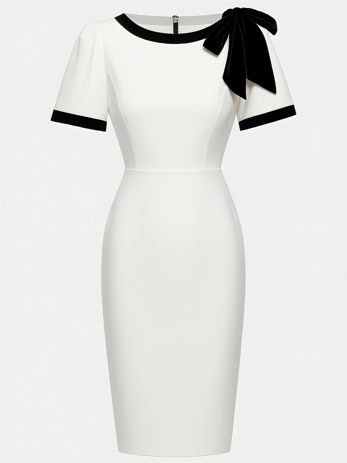 Black Bow Short Sleeve Sheath Midi Dress