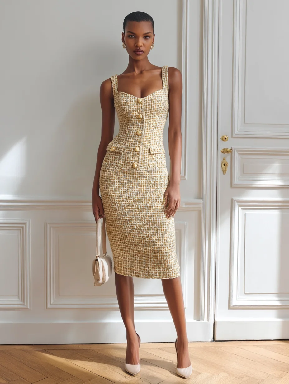 Golden Buckle Pocket Stitching Tweed Spaghetti Sleeveless Sheath Midi Dress