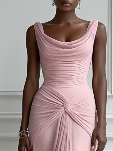 Pink Ruched Slit Formal Dress Cowl Neck Sleeveless A-Line Gown Dress