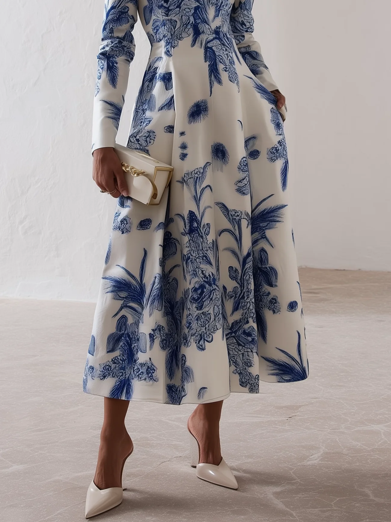 Blue Floral Classic Square Neck Long Sleeve A-Line Midi Dress