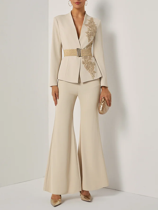 Women Apricot Applique Embroidery Deep V Neck Long Sleeve Dressy Coat With Pants Two-Piece Set