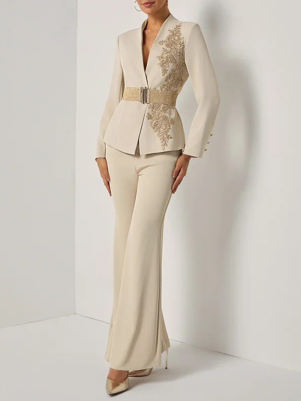 Women Apricot Applique Embroidery Deep V Neck Long Sleeve Dressy Coat With Pants Two-Piece Set