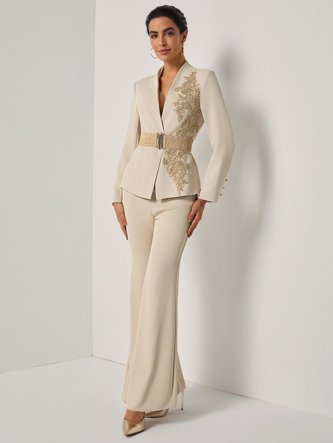 Women Apricot Applique Embroidery Deep V Neck Long Sleeve Dressy Coat With Pants Two-Piece Set