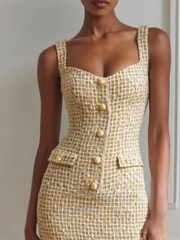 Golden Buckle Pocket Stitching Tweed Spaghetti Sleeveless Sheath Midi Dress