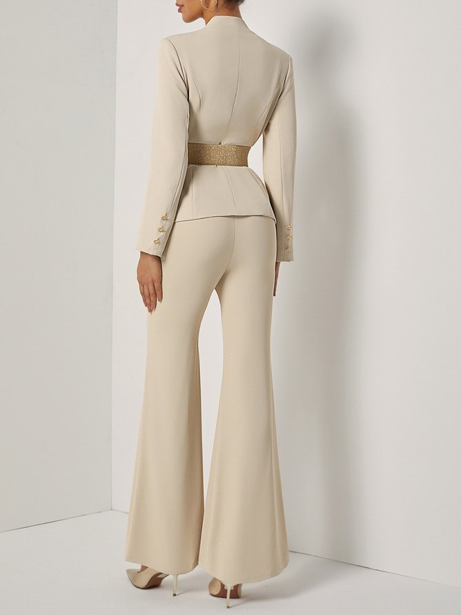 Women Apricot Applique Embroidery Deep V Neck Long Sleeve Dressy Coat With Pants Two-Piece Set