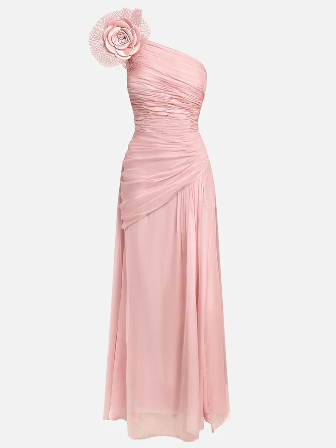 Pink Chiffon 3D Floral Ruched Slit One Shoulder Sleeveless Sheath Gown Dress