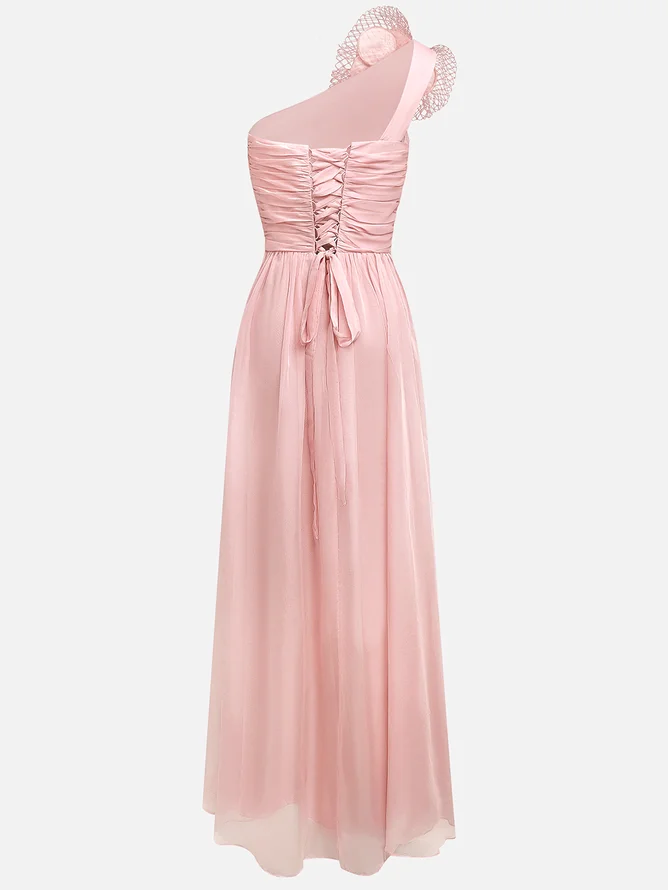 Pink Chiffon 3D Floral Ruched Slit One Shoulder Sleeveless Sheath Gown Dress