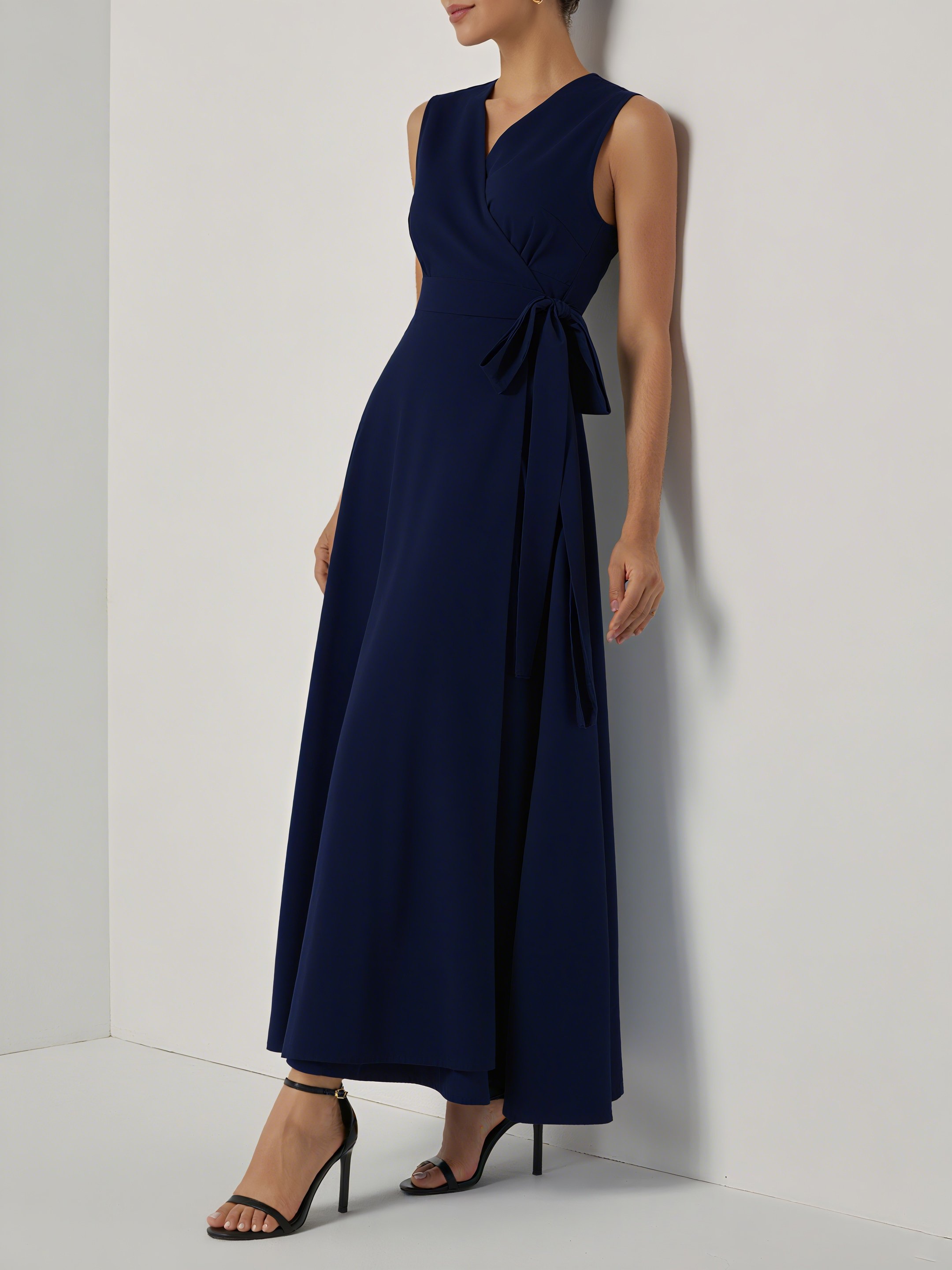 Purplish Blue Bow Lyocell Linen Wrap V Neck Sleeveless A-Line Maxi Dress