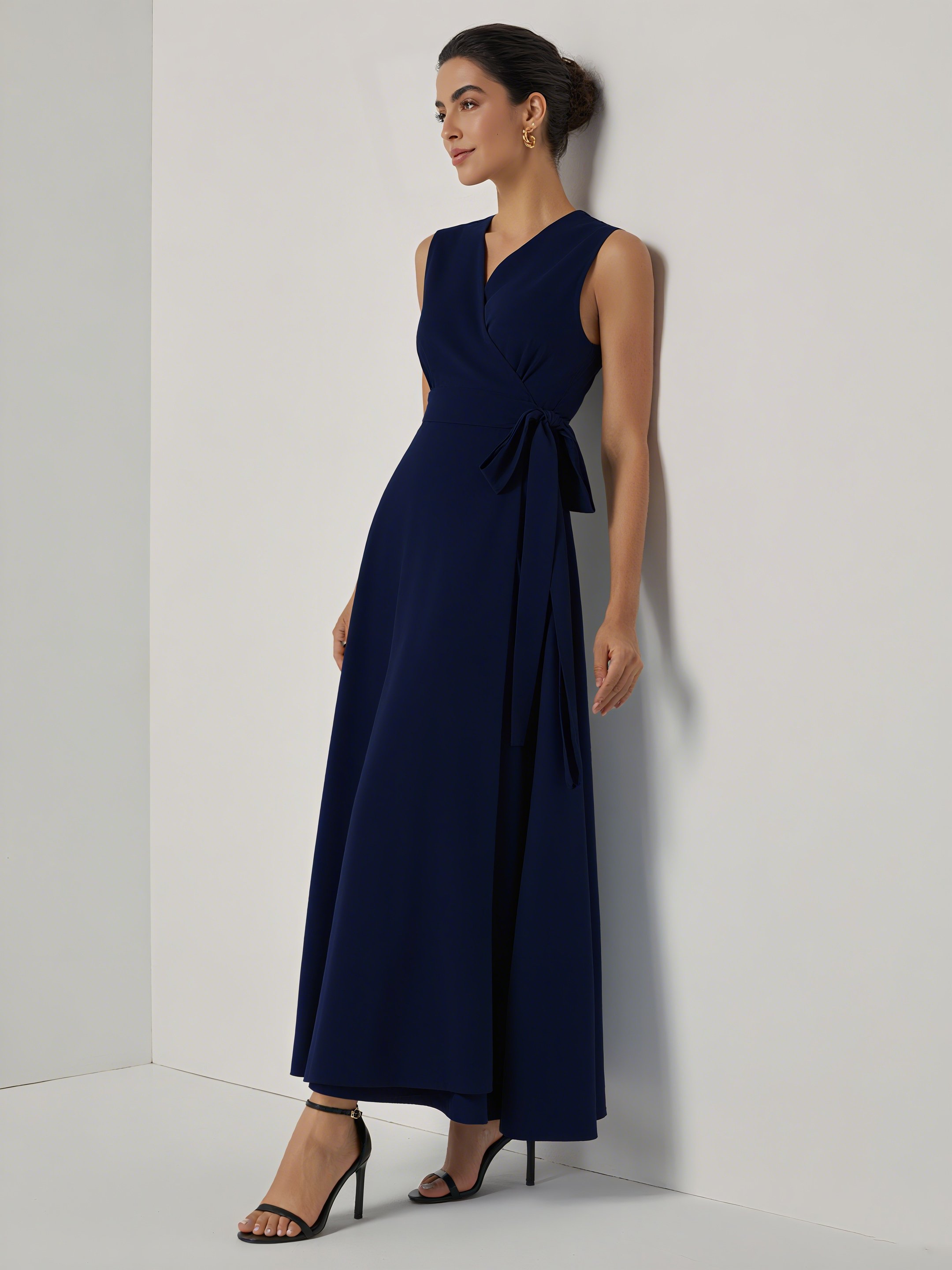 Purplish Blue Bow Lyocell Linen Wrap V Neck Sleeveless A-Line Maxi Dress