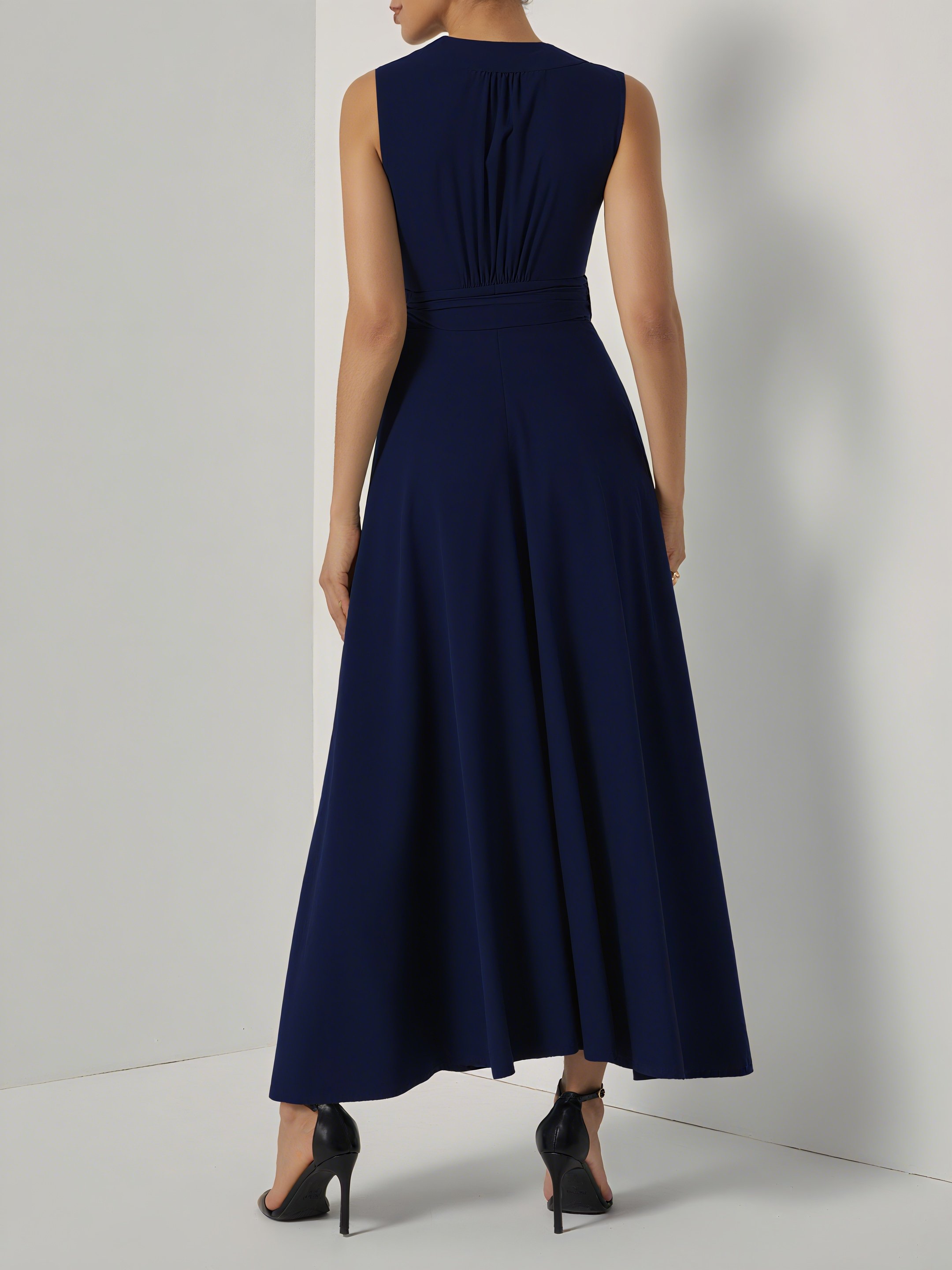 Purplish Blue Bow Lyocell Linen Wrap V Neck Sleeveless A-Line Maxi Dress