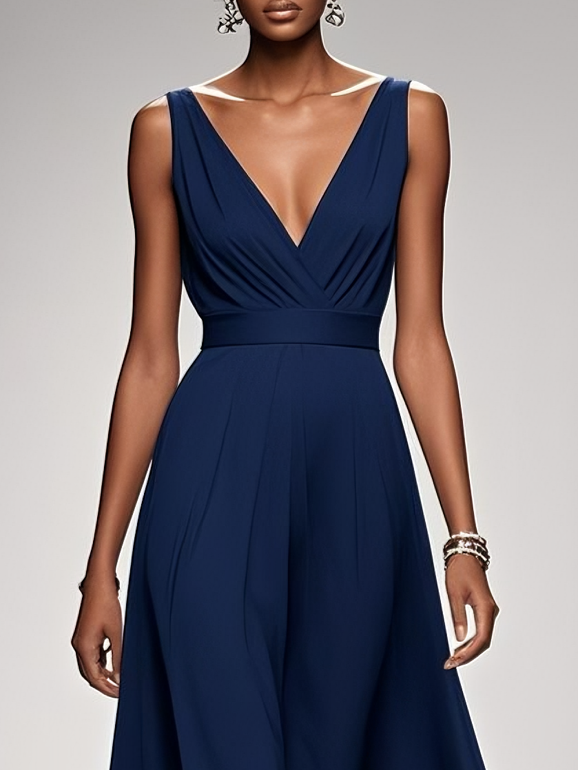 Navy Blue Classic V Neck Sleeveless A-Line Maxi Dress