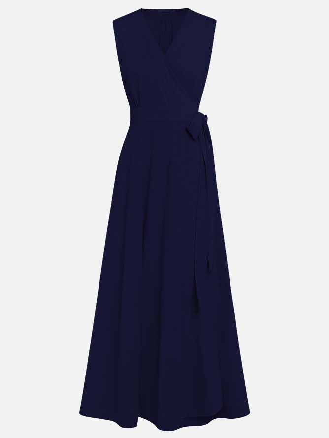Purplish Blue Bow Lyocell Linen Wrap V Neck Sleeveless A-Line Maxi Dress