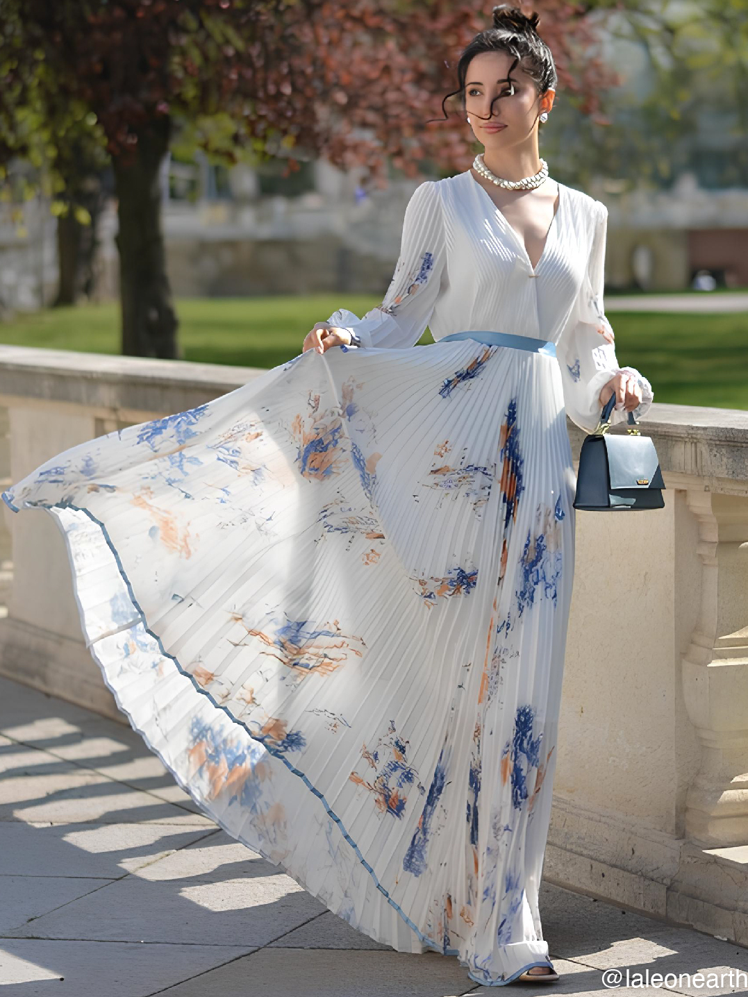 White Pleated Floral Chiffon V Neck Long Sleeve Balloon Sleeve A-Line Maxi Dress