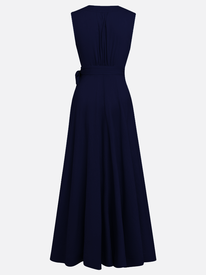 Purplish Blue Bow Lyocell Linen Wrap V Neck Sleeveless A-Line Maxi Dress