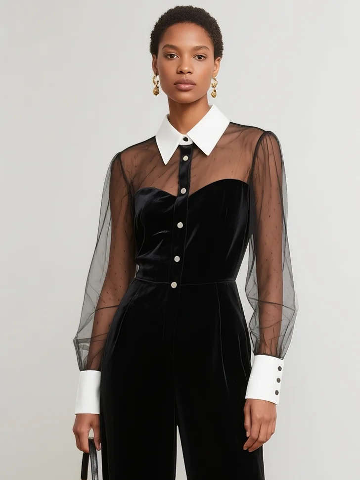 Women Black Mesh Velvet Buckle Long Sleeve Dressy Jumpsuit