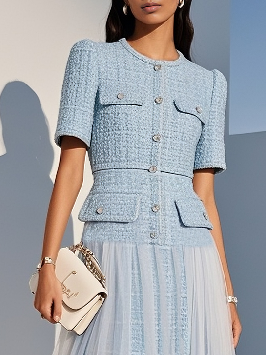 Light Blue Braided Strap Mesh Tweed Crew Neck Short Sleeve A-Line Midi Dress