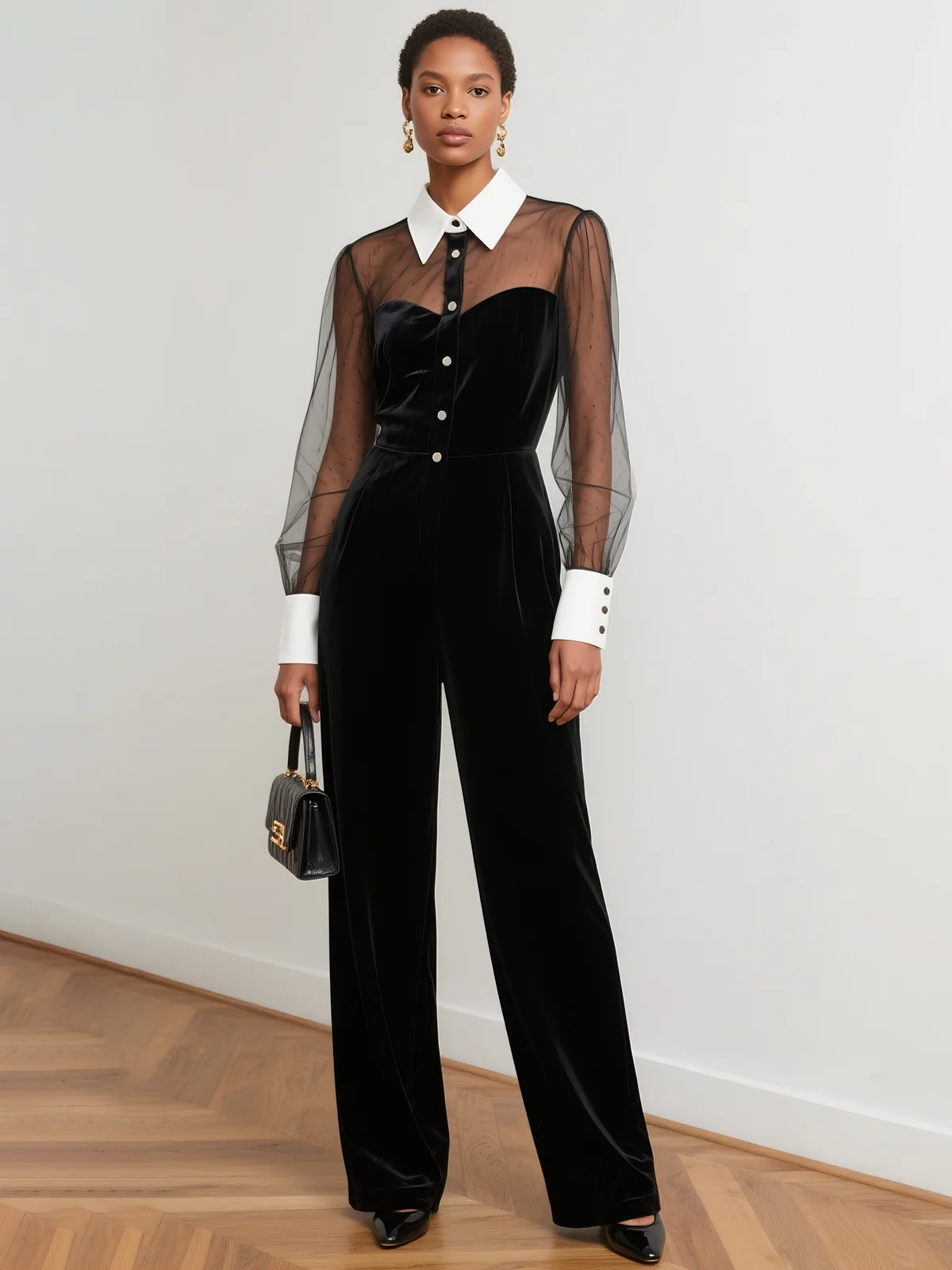 Women Black Mesh Velvet Buckle Long Sleeve Dressy Jumpsuit