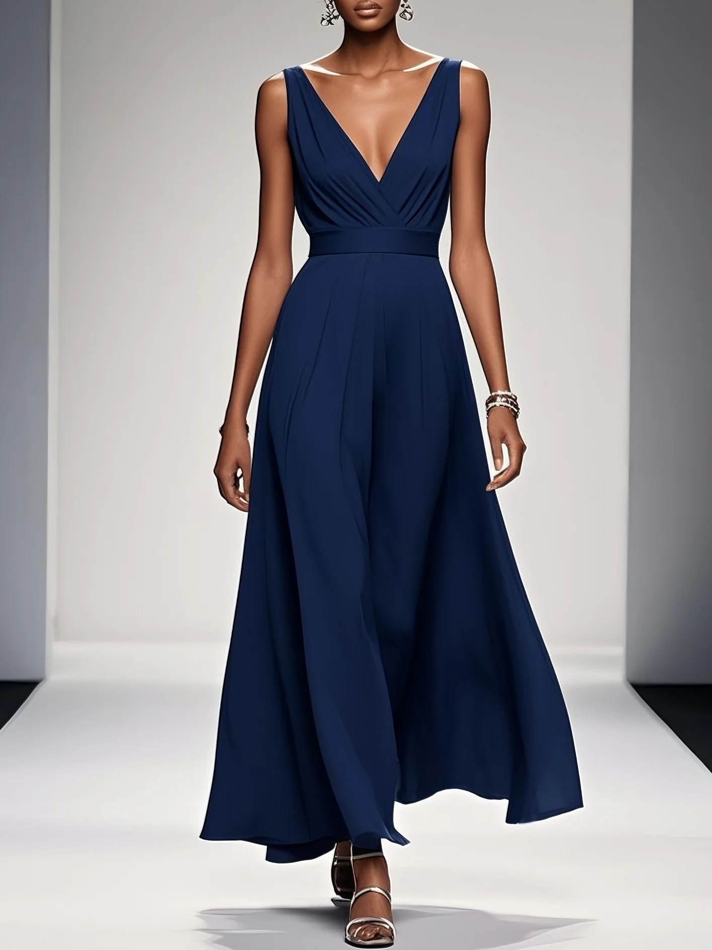 Navy Blue Classic V Neck Sleeveless A-Line Maxi Dress