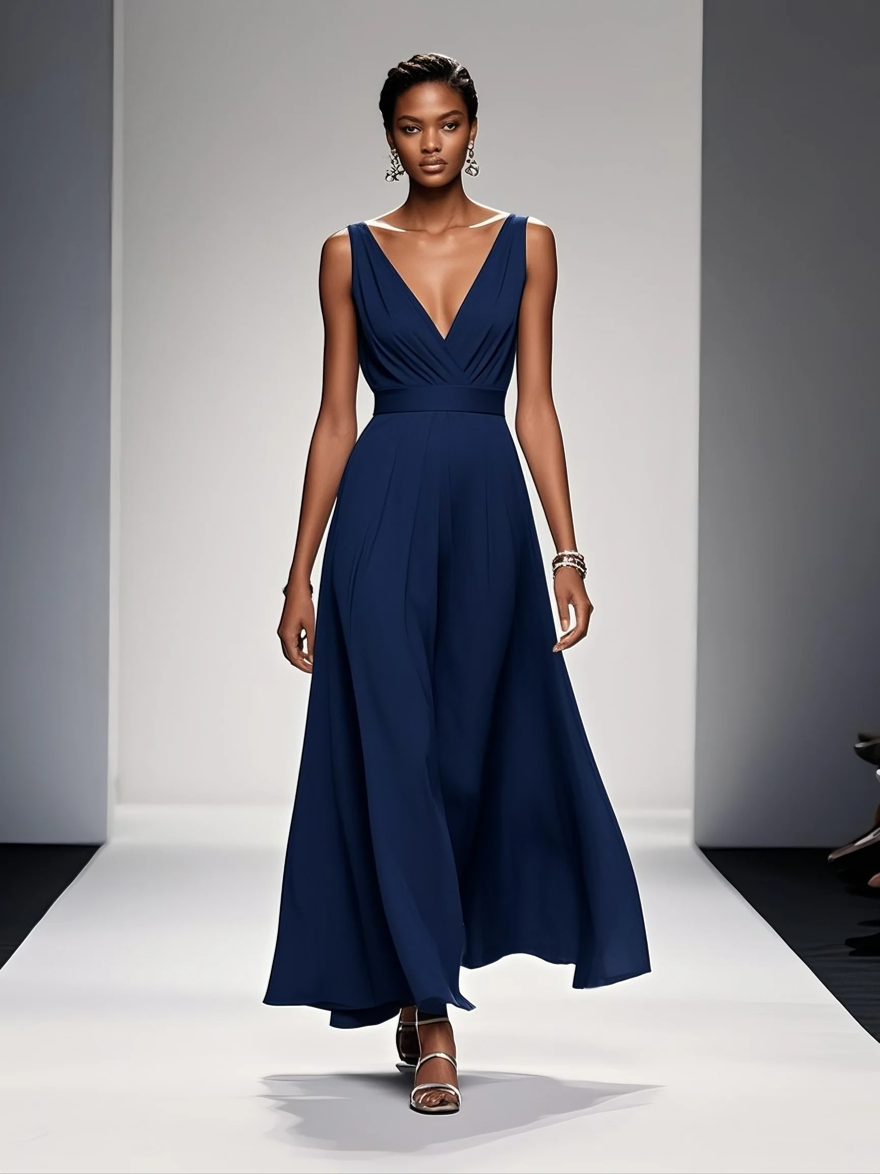 Navy Blue Classic V Neck Sleeveless A-Line Maxi Dress