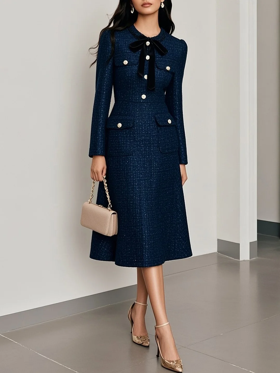 Dark Blue Bow Buckle Tweed Crew Neck Long Sleeve A-Line Midi Dress