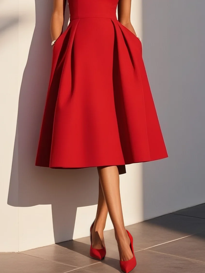 Red Pocket Stitching Classic Sweetheart Neckline Sleeveless A-Line Midi Dress