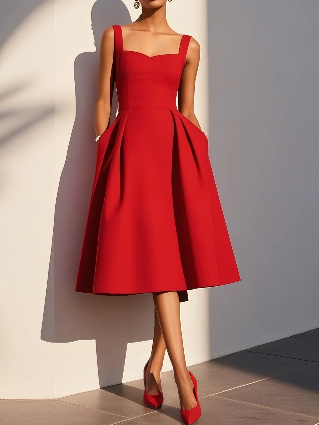 Red Pocket Stitching Classic Sweetheart Neckline Sleeveless A-Line Midi Dress