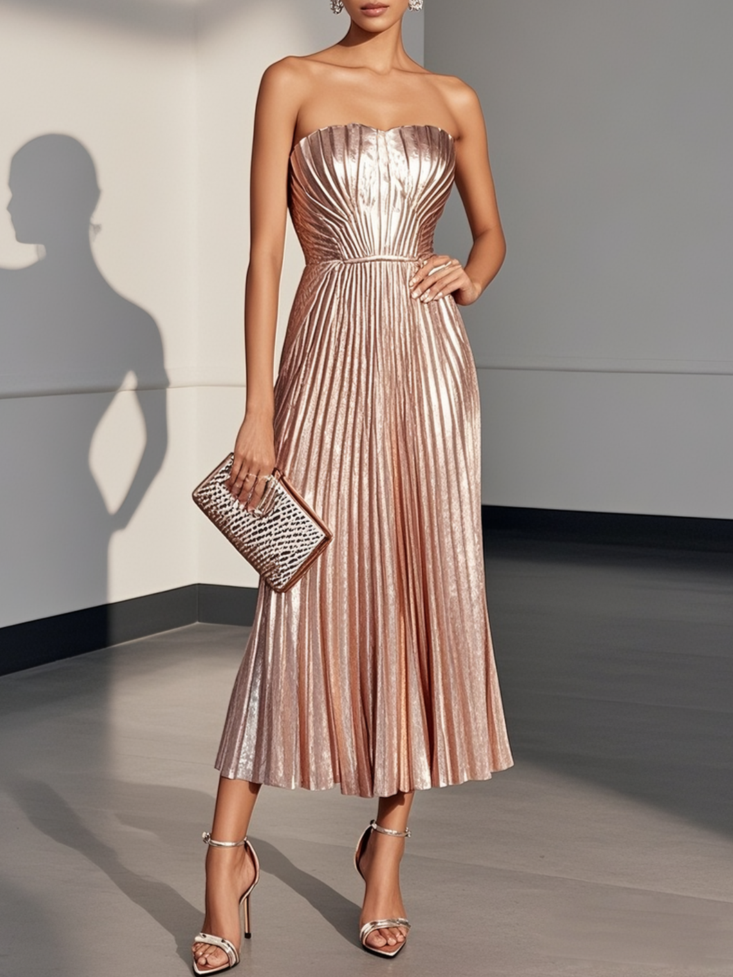 Rose Gold Pleated Satin Strapless Sleeveless A-Line Midi Dress