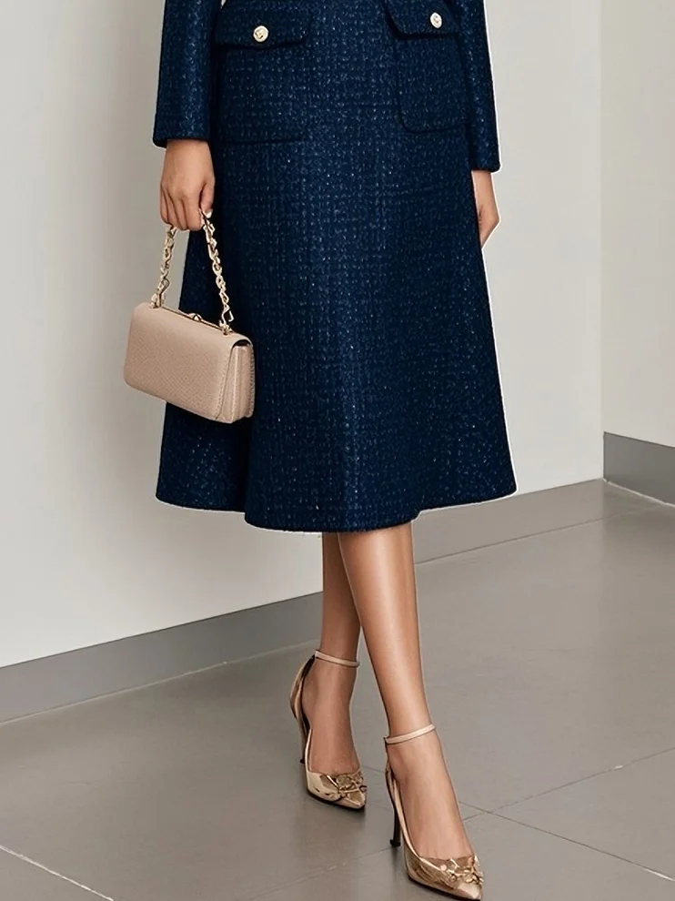 Dark Blue Bow Buckle Tweed Crew Neck Long Sleeve A-Line Midi Dress
