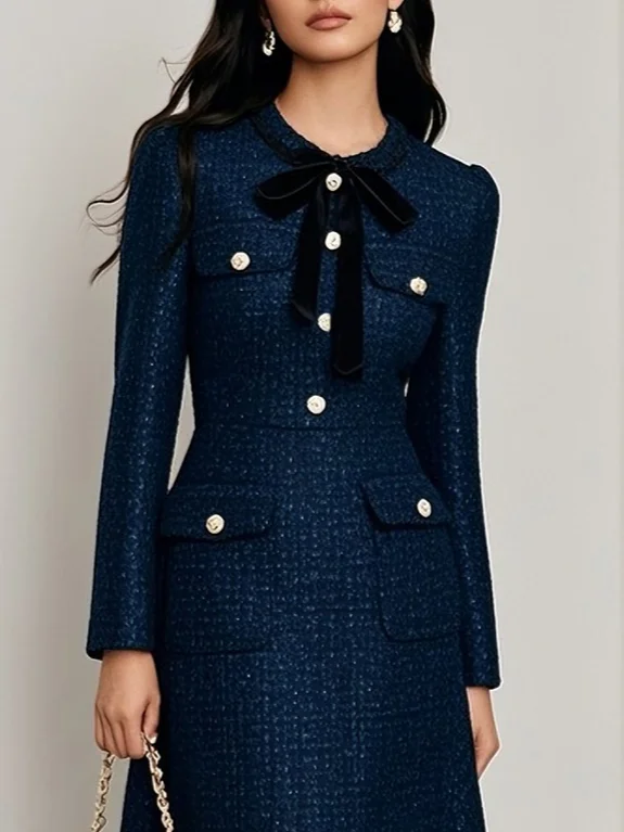 Dark Blue Bow Buckle Tweed Crew Neck Long Sleeve A-Line Midi Dress