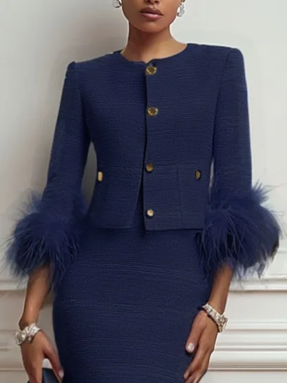 Women Tweed Purplish blue Feather-trimmed Buckle Crew Neck Three Quarter Sleeve Dressy Coat With Skirt Two-Piece Set