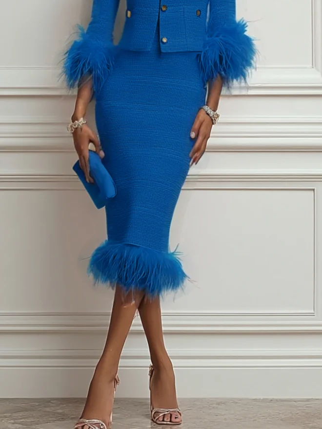 Women Tweed Blue Feather-trimmed Buckle Crew Neck Three Quarter Sleeve Dressy Coat With Skirt Two-Piece Set