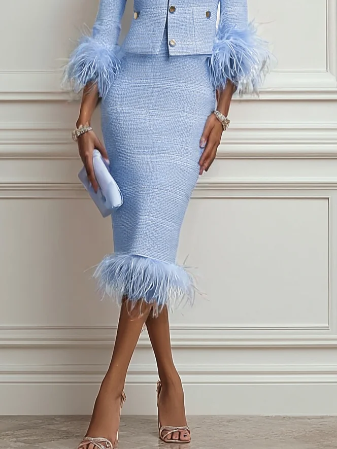 Women Tweed Rose Red Feather-trimmed Buckle Crew Neck Three Quarter Sleeve Dressy Coat With Skirt Two-Piece Set