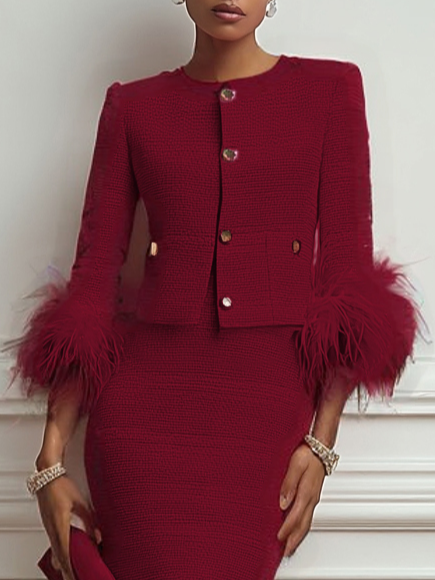 Women Tweed Purplish blue Feather-trimmed Buckle Crew Neck Three Quarter Sleeve Dressy Coat With Skirt Two-Piece Set