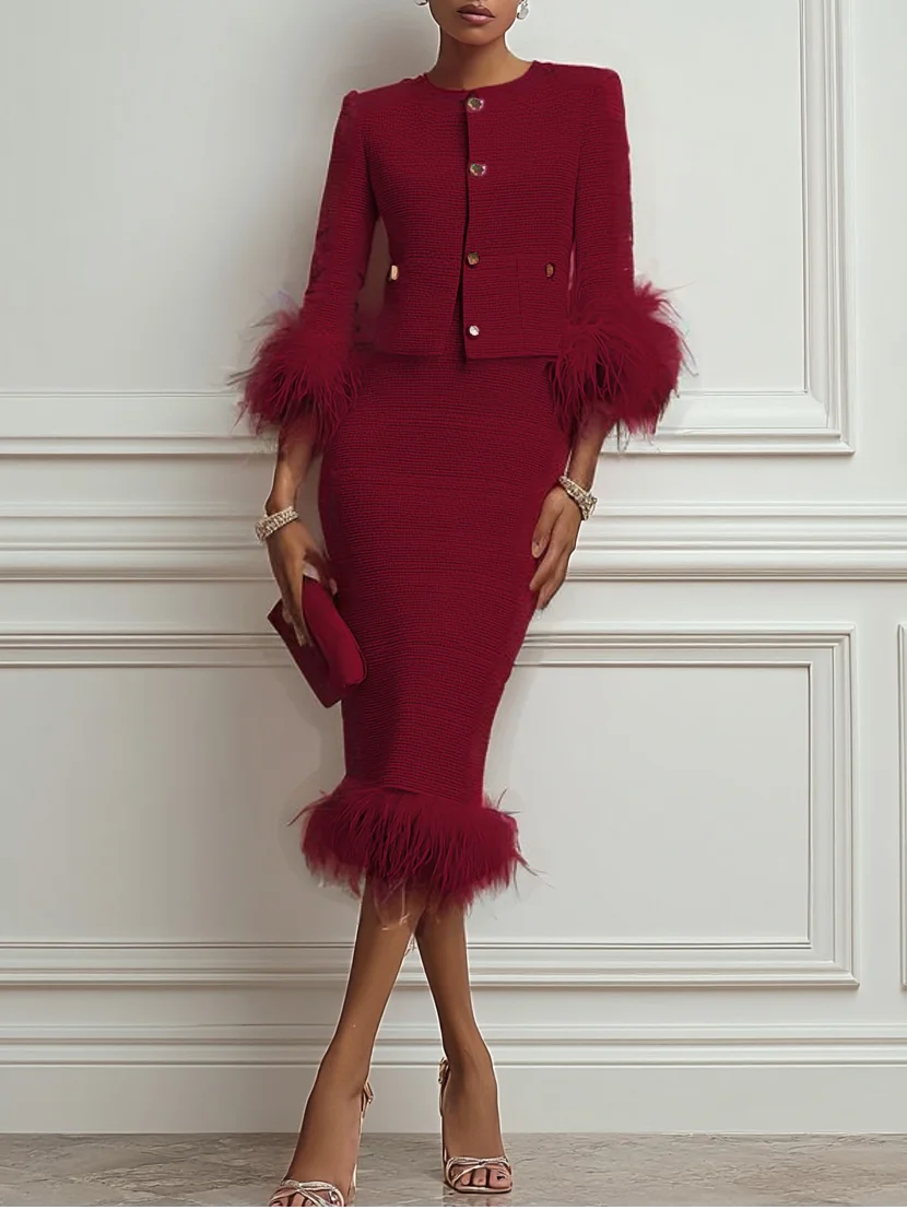 Women Tweed Purplish blue Feather-trimmed Buckle Crew Neck Three Quarter Sleeve Dressy Coat With Skirt Two-Piece Set