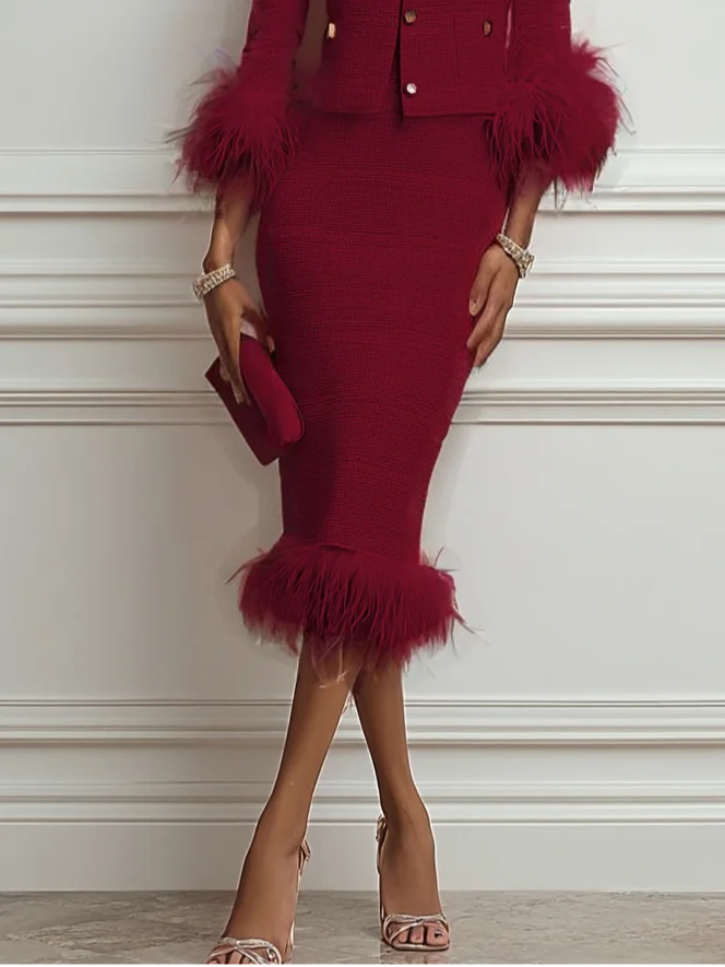 Women Tweed Purplish blue Feather-trimmed Buckle Crew Neck Three Quarter Sleeve Dressy Coat With Skirt Two-Piece Set