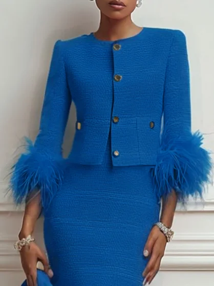 Women Tweed Blue Feather-trimmed Buckle Crew Neck Three Quarter Sleeve Dressy Coat With Skirt Two-Piece Set