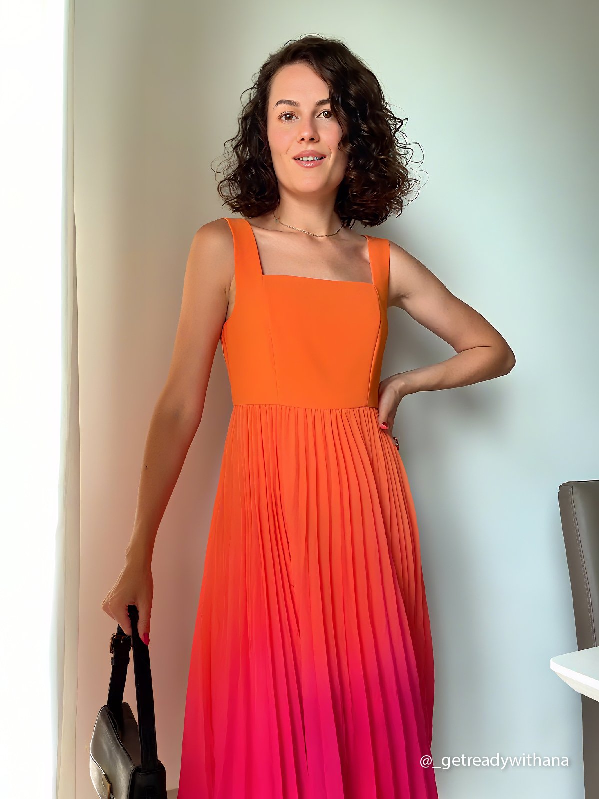 Orange Ombre Pleated Classic Square Neck Sleeveless A-Line Midi Dress
