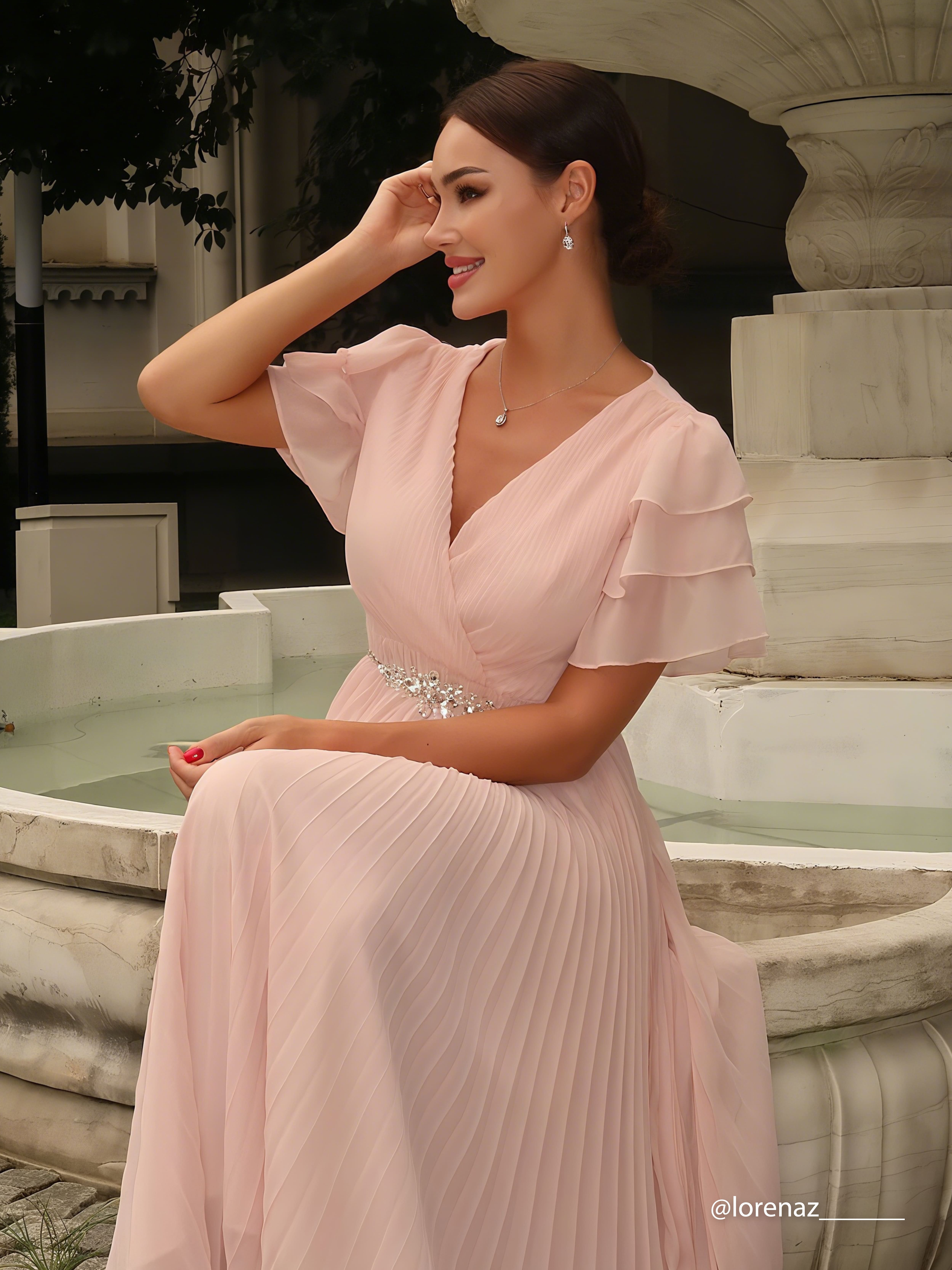 Pink Pleated Rhinestone Chiffon V Neck Short Sleeve Ruffle Sleeve A-Line Maxi Dress